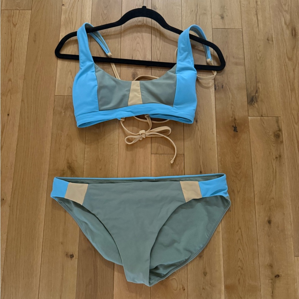 Prana Light Blue, Sage & Cream Colorblock Bikini Set